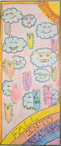 Colored pencil drawing of clouds, a sun, and books with the text Fall Into Reading