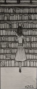 black and white pencil drawing of a girl standing in front of a  bookshelf