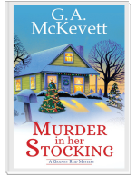 Murder in Her Stocking book cover with a house decorated for Christmas and snow on the ground
