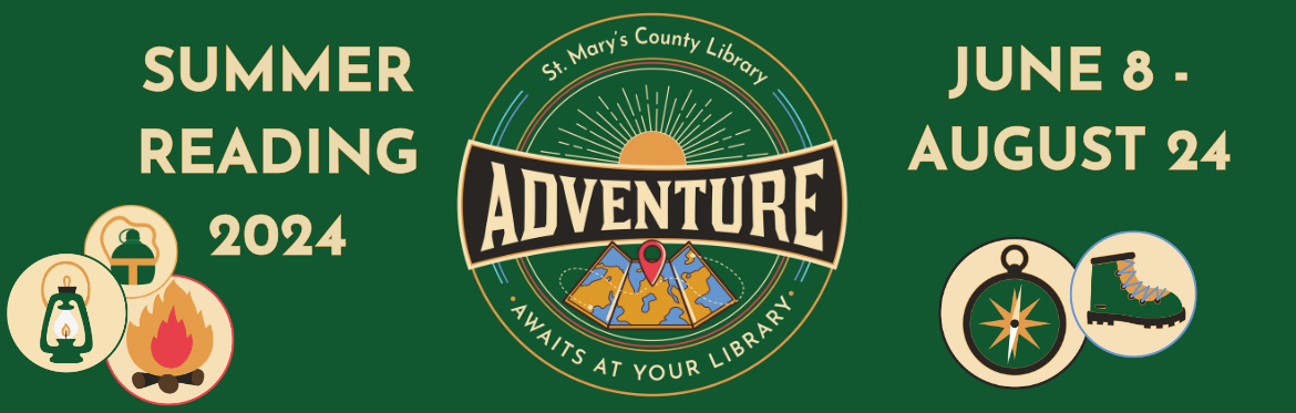 Adventure Awaits at Your Library logo with a map. Summer Reading 2024, June 8 - August 24