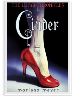 Book cover of Cinder by Marissa Meyer, featuring a woman's lower leg wearing a red high heel. 