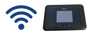 Blue wifi symbol next to a black Jextream mobile hotspot