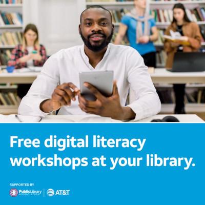 A Black man sits at a table holding a tablet, looking forward. Three women are in the background, in front of bookshelves. Text reads Free digital literacy workshops at your library.