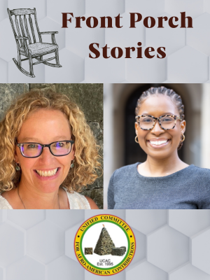 A rocking chair and headshots of two women, one white woman with glasses and curly blond hair, one Black woman with glasses and braids
