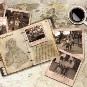 A stack of old photos and a book open to a page about Ireland with a map in the background.