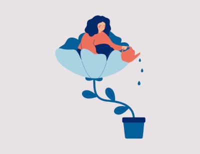 A drawing of a woman sitting in an open flower, pouring water from a watering can over the side into a flower pot in which the flower is planted